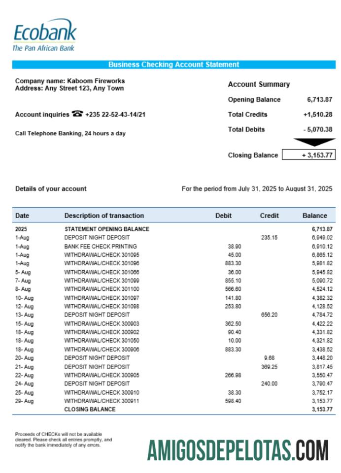 Em branco Chade Ecobank Organization Checking modelo de extrato de conta Word e PDF